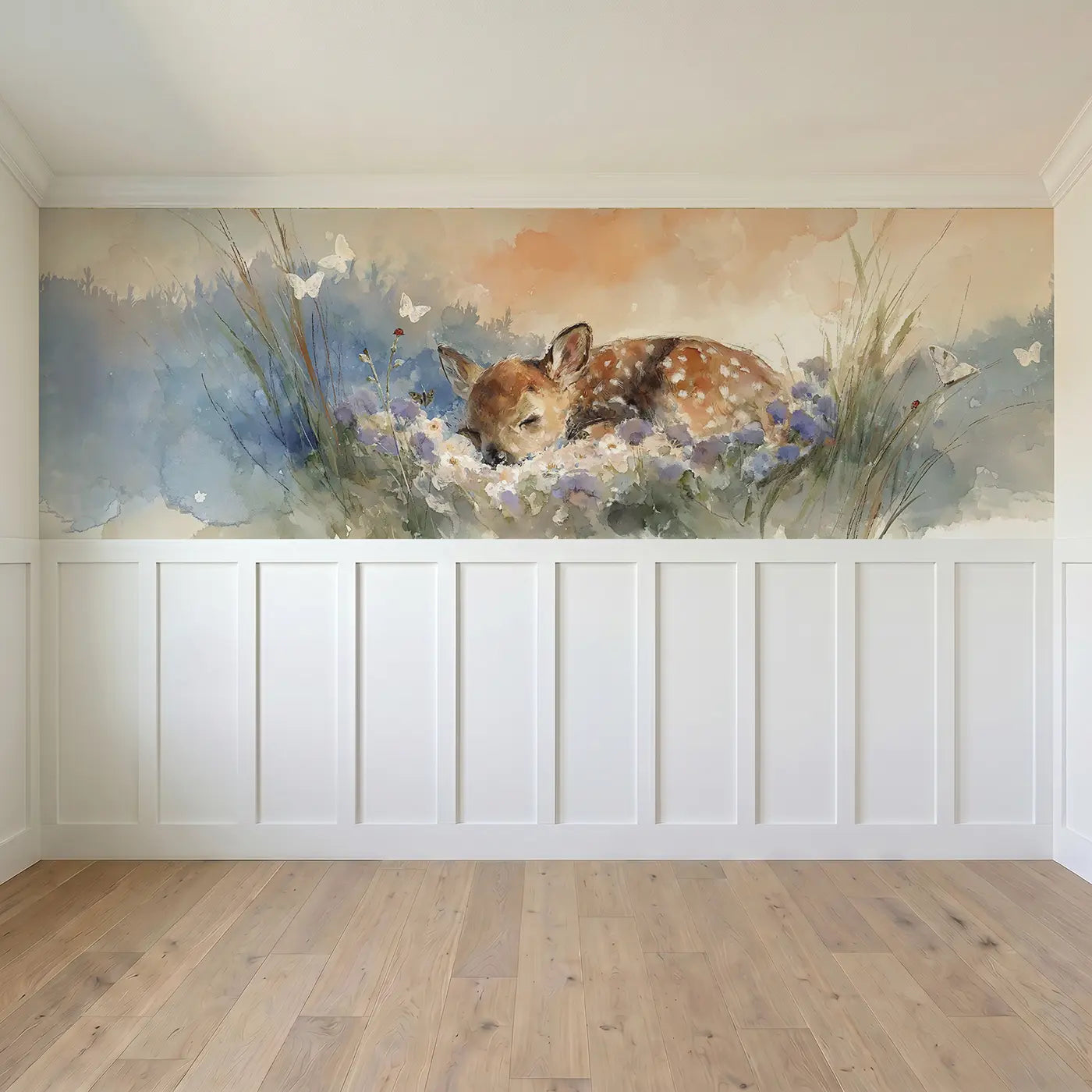 Full panel view of Sleeping Fawn Wildflower Meadow Wainscoting Wallpaper by Whimsy Tots