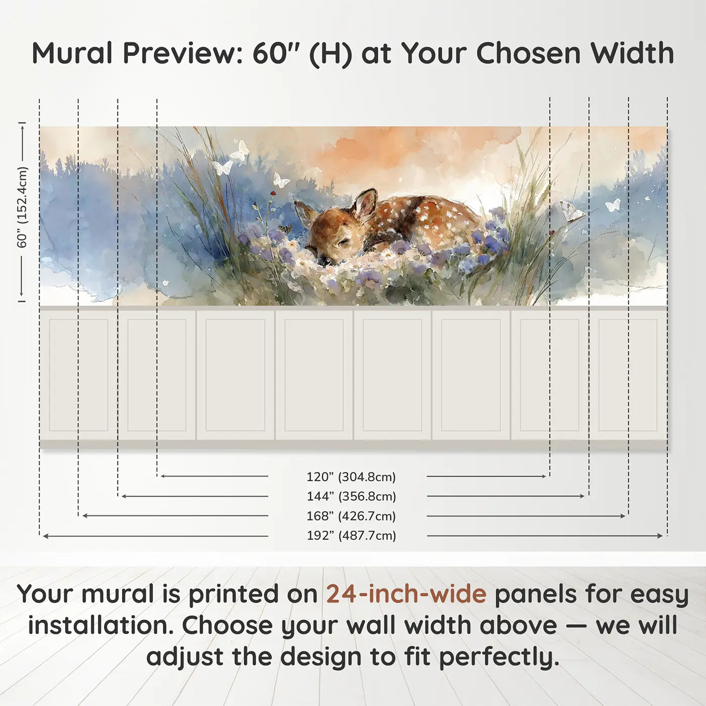 Panel dimensions for Sleeping Fawn Wildflower Meadow Wainscoting Wallpaper by Whimsy Tots