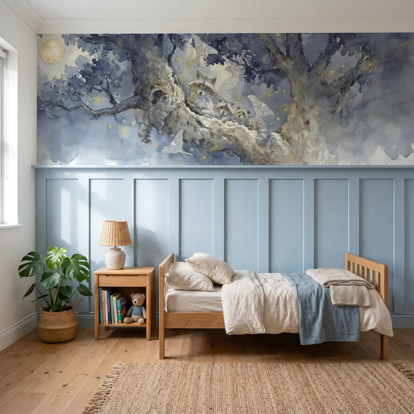 Watercolor moonlit raccoon oak hollow wainscoting wallpaper for bedroom by Whimsy Tots