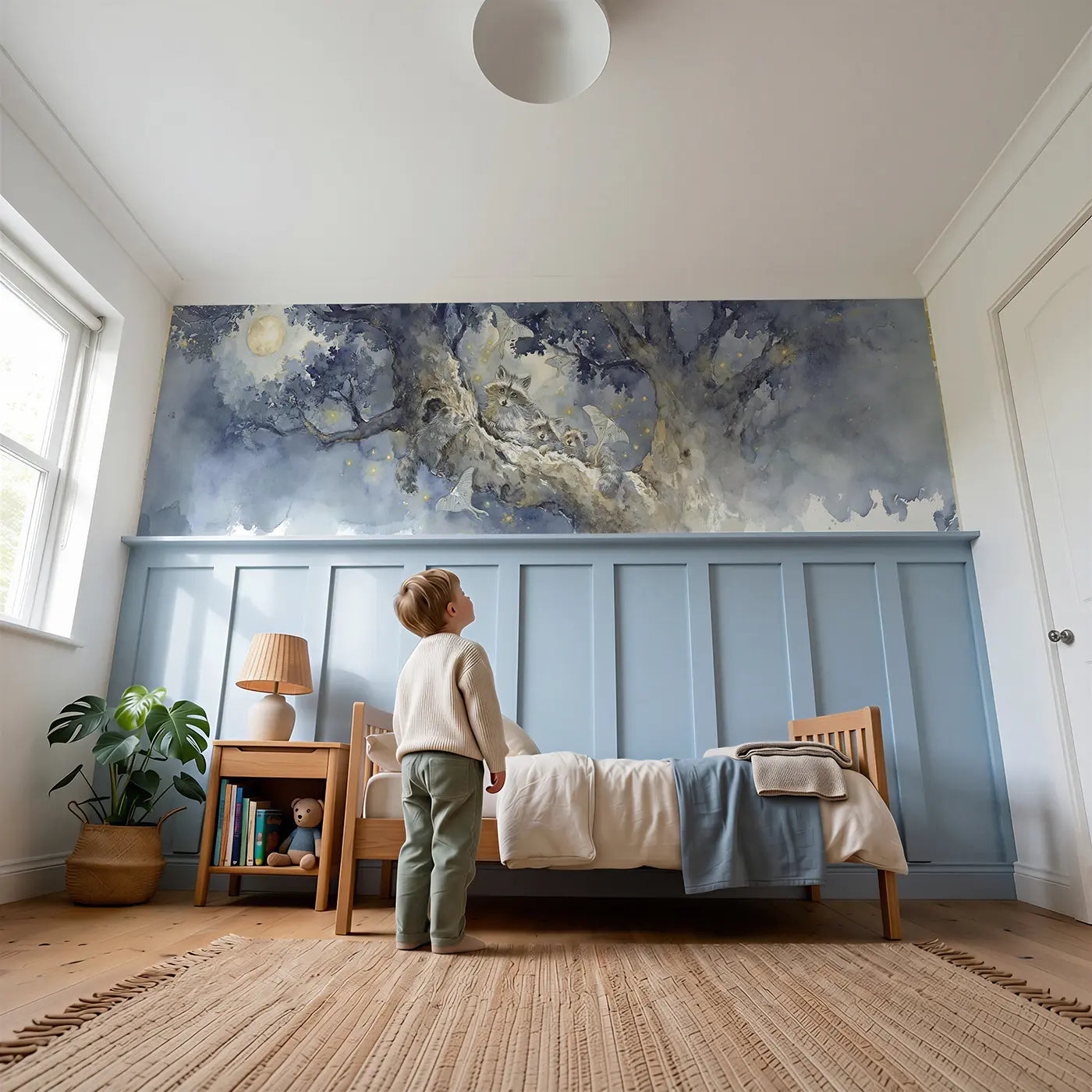 Child reading near Moonlit Raccoon Oak Hollow Wainscoting Wallpaper by Whimsy Tots