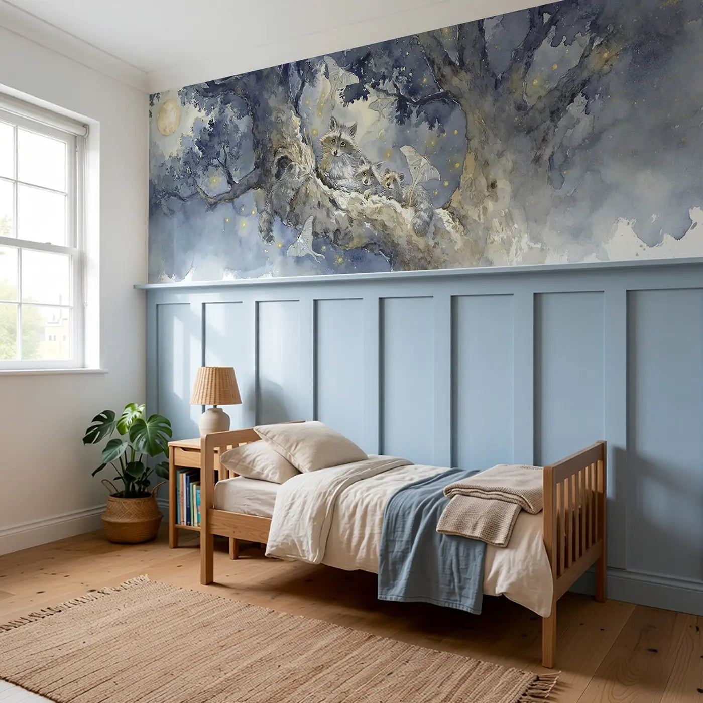 Moonlit Raccoon Oak Hollow Wainscoting Wallpaper styled in a kids bedroom by Whimsy Tots
