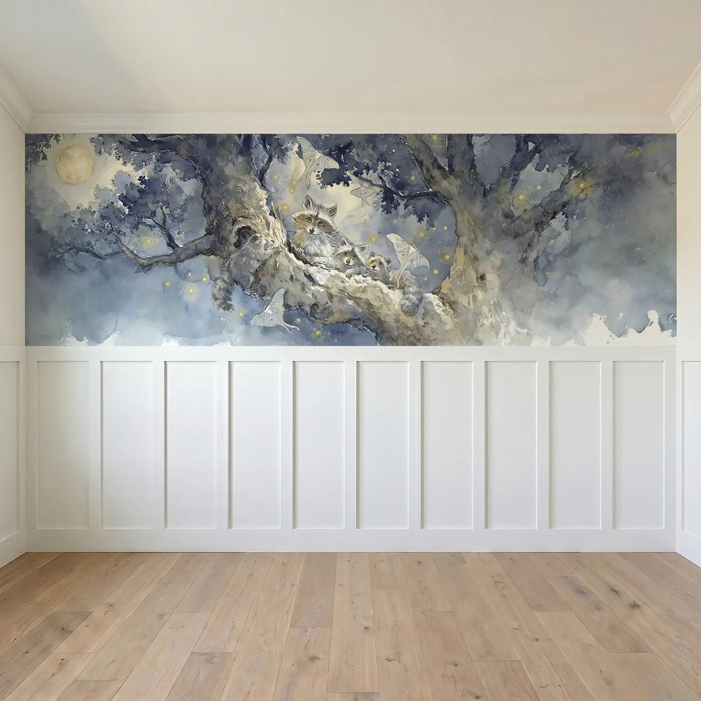 Full panel view of Moonlit Raccoon Oak Hollow Wainscoting Wallpaper by Whimsy Tots