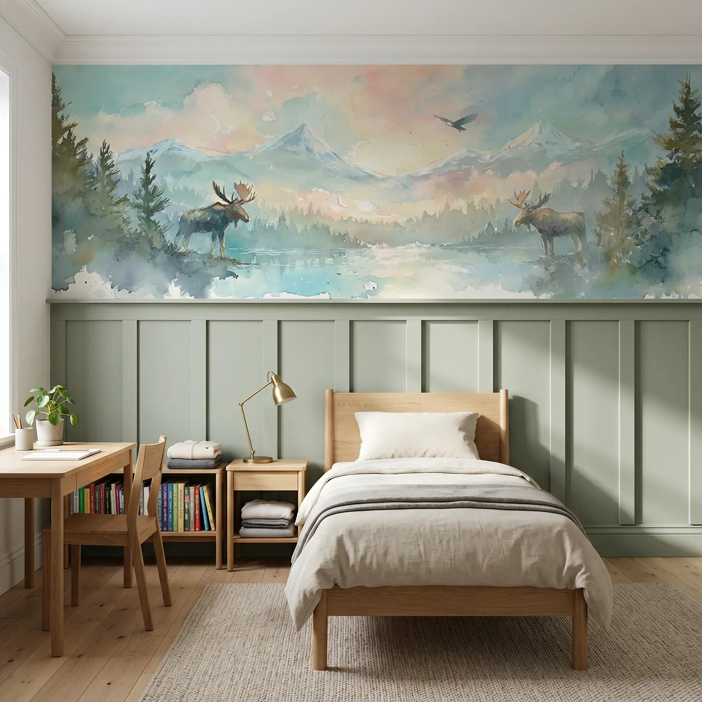 Watercolor moose at forest lake wainscoting wallpaper for bedroom by Whimsy Tots