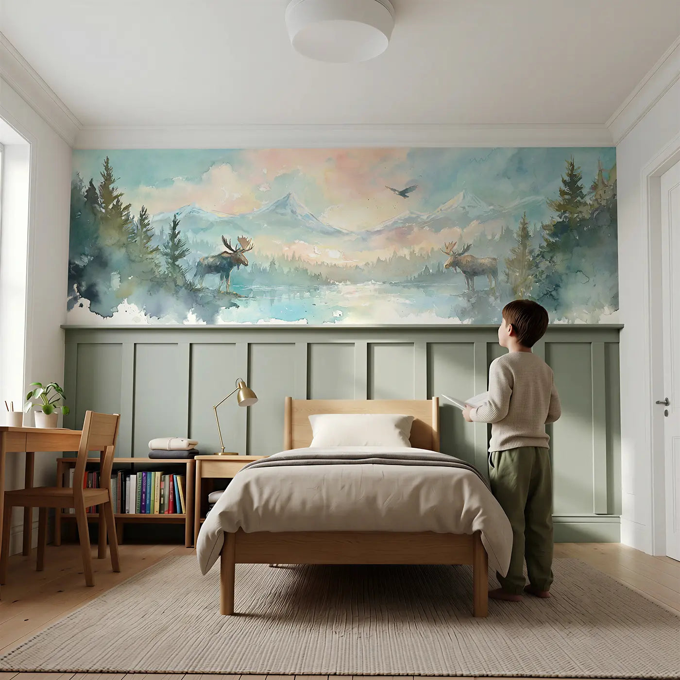 Child reading near Moose at Forest Lake Wainscoting Wallpaper by Whimsy Tots