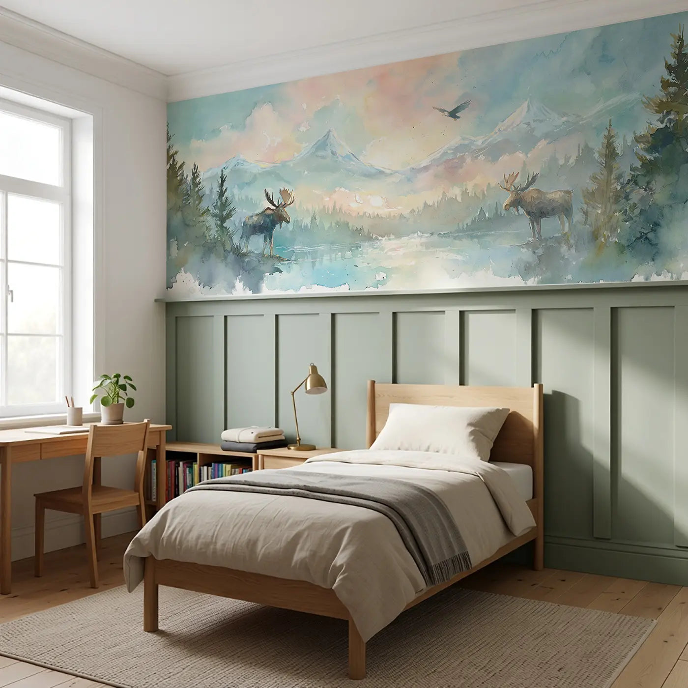 Moose at Forest Lake Wainscoting Wallpaper styled in a kids bedroom by Whimsy Tots