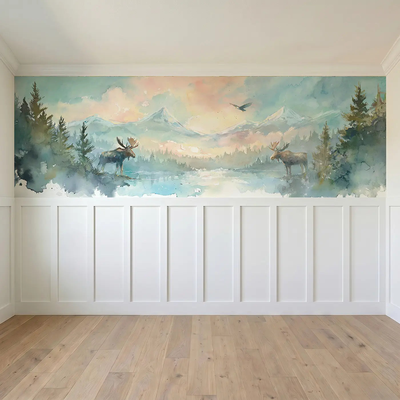 Full panel view of Moose at Forest Lake Wainscoting Wallpaper by Whimsy Tots
