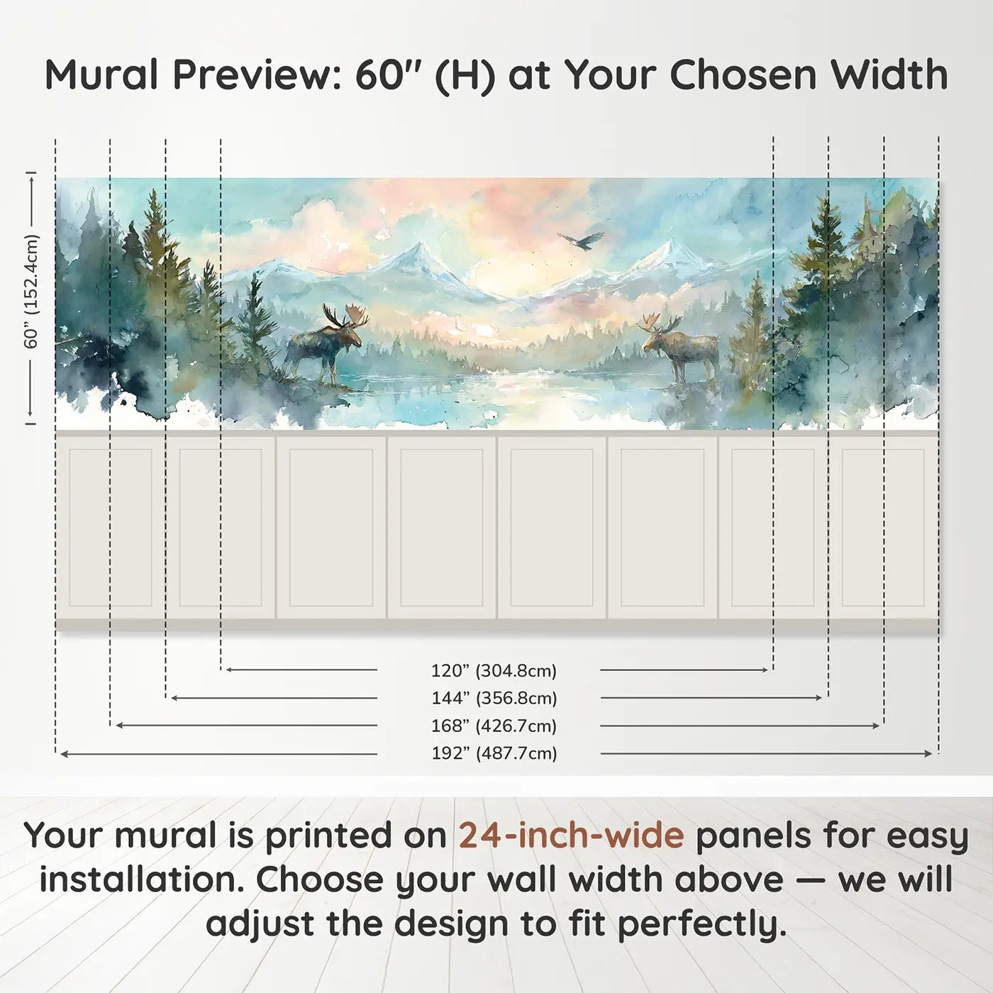 Panel dimensions for Moose at Forest Lake Wainscoting Wallpaper by Whimsy Tots