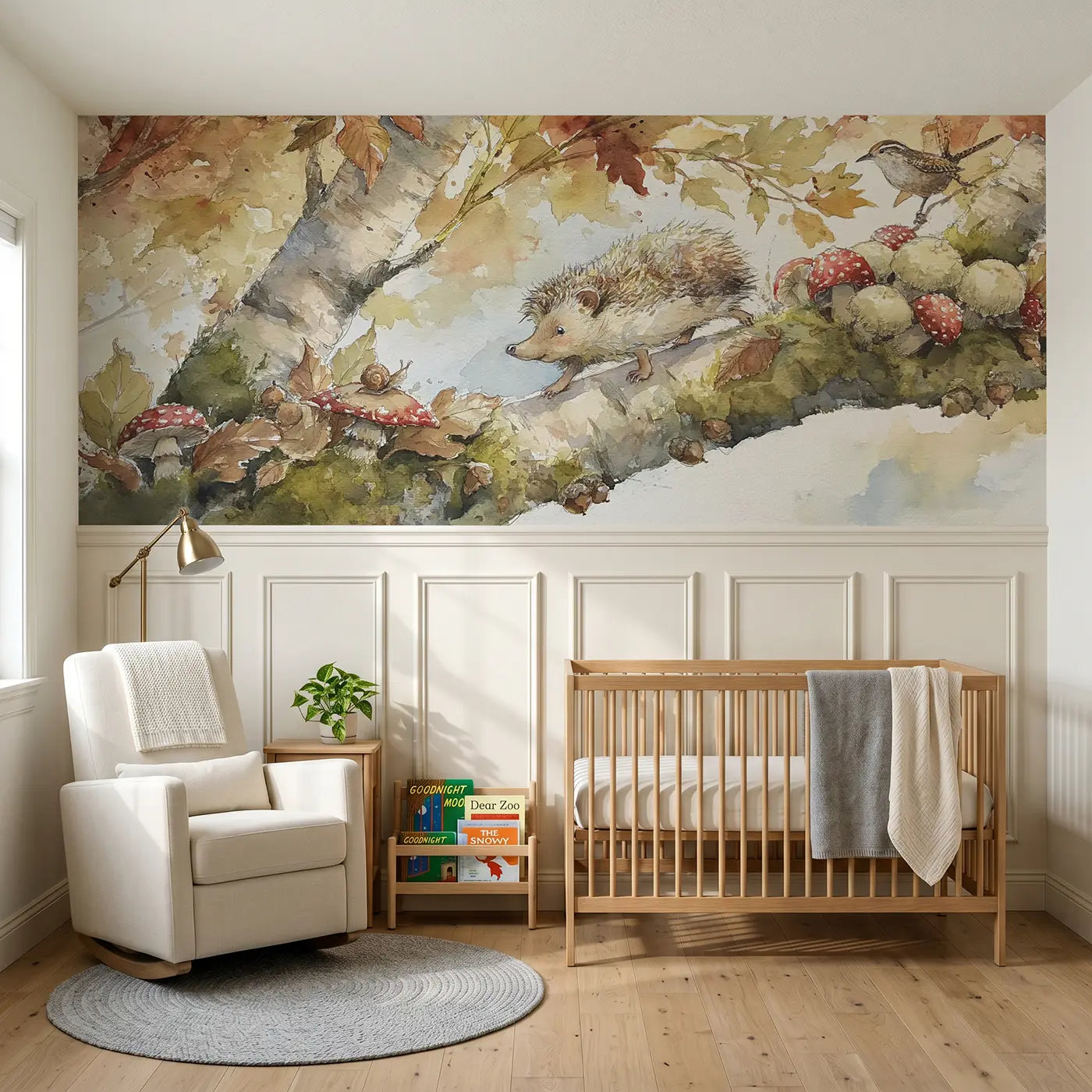 Watercolor hedgehog mushroom autumn trail wainscoting wallpaper for nursery by Whimsy Tots