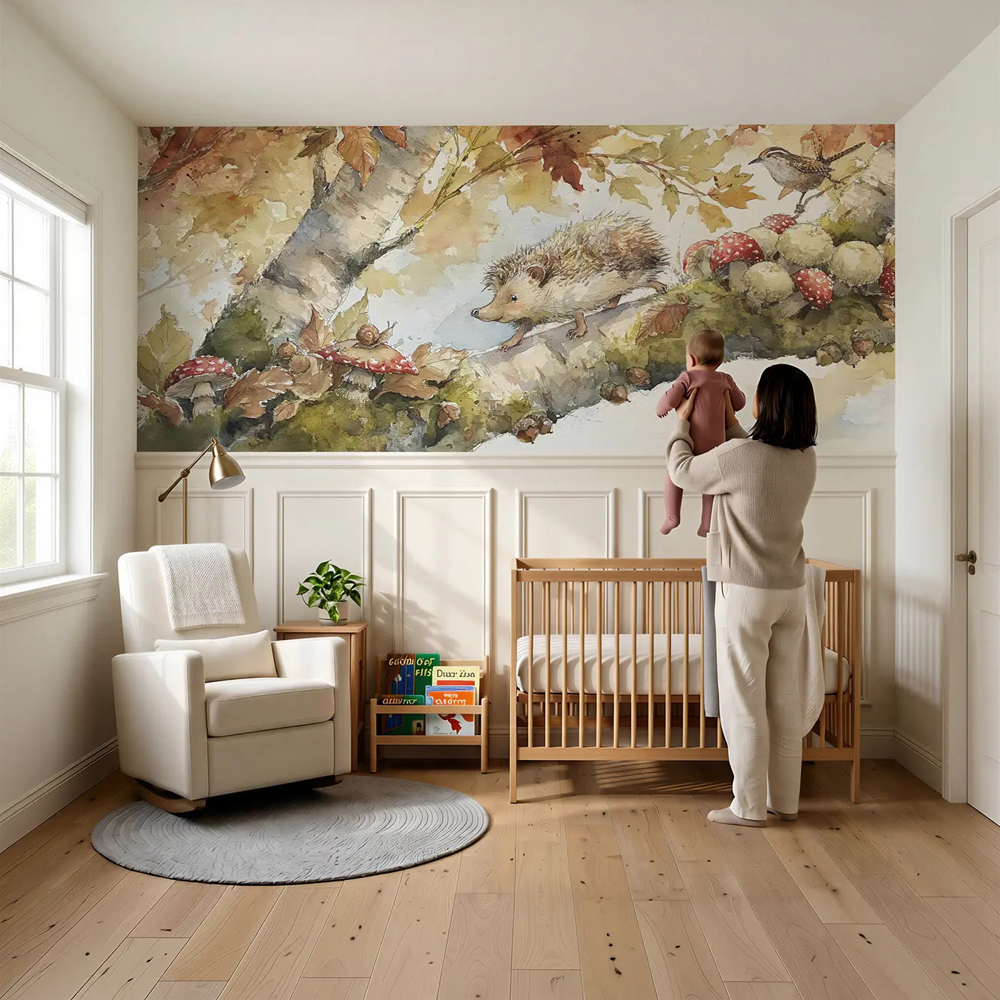 Child reading near Hedgehog Mushroom Autumn Trail Wainscoting Wallpaper by Whimsy Tots