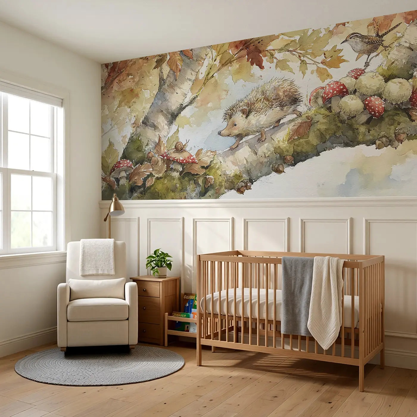 Hedgehog Mushroom Autumn Trail Wainscoting Wallpaper styled in a kids bedroom by Whimsy Tots