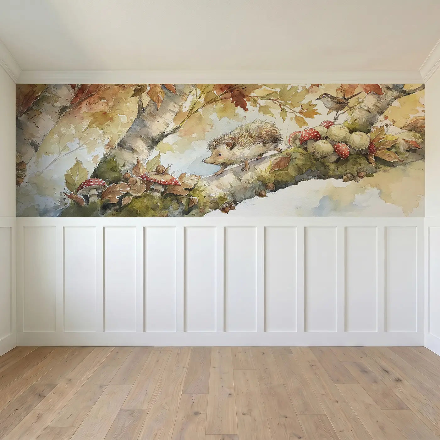 Full panel view of Hedgehog Mushroom Autumn Trail Wainscoting Wallpaper by Whimsy Tots