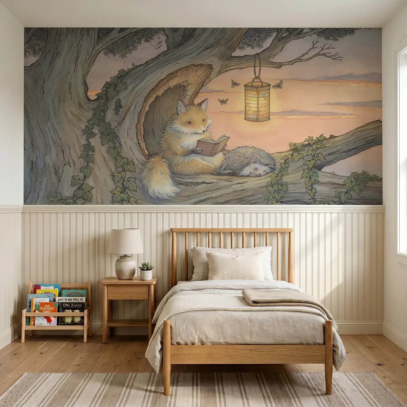 Storybook fox reading by lantern tree wainscoting wallpaper for bedroom by Whimsy Tots