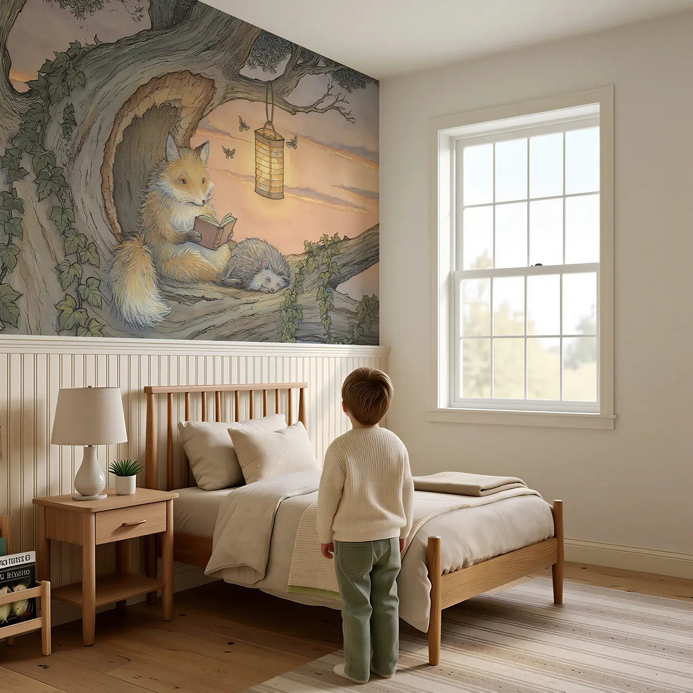 Child reading near Fox Reading Lantern Tree Wainscoting Wallpaper by Whimsy Tots