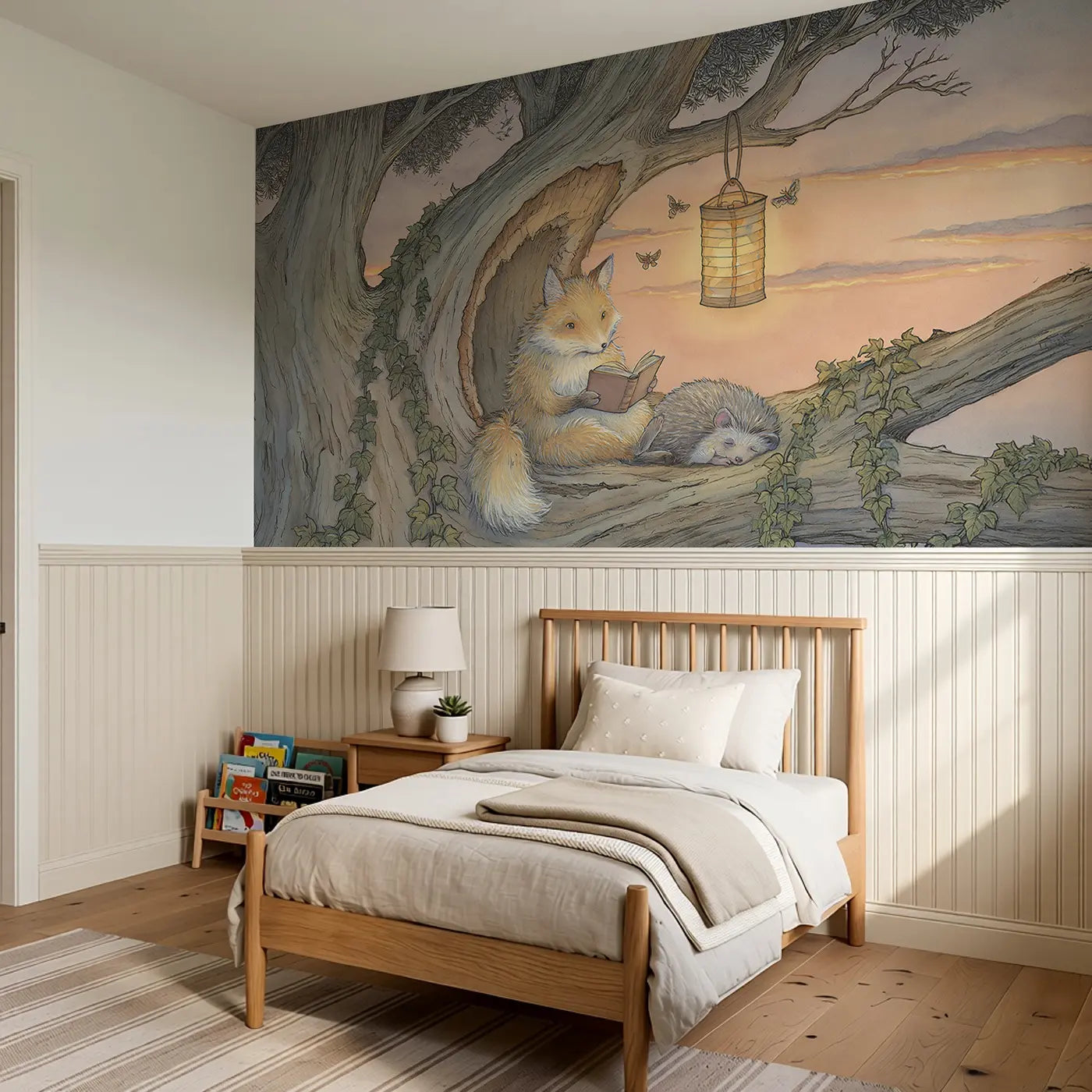 Fox Reading Lantern Tree Wainscoting Wallpaper styled in a kids bedroom by Whimsy Tots