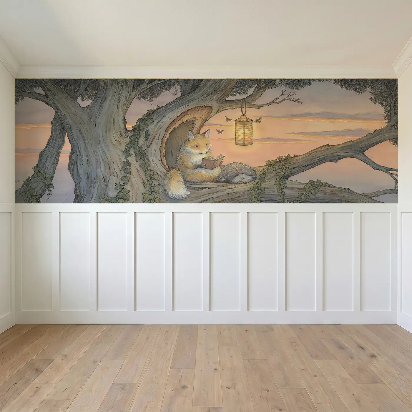 Full panel view of Fox Reading Lantern Tree Wainscoting Wallpaper by Whimsy Tots