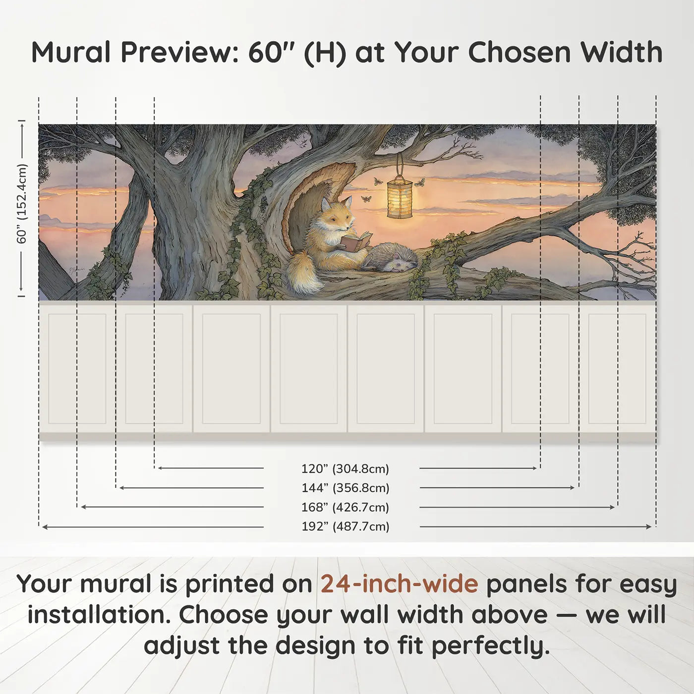 Panel dimensions for Fox Reading Lantern Tree Wainscoting Wallpaper by Whimsy Tots