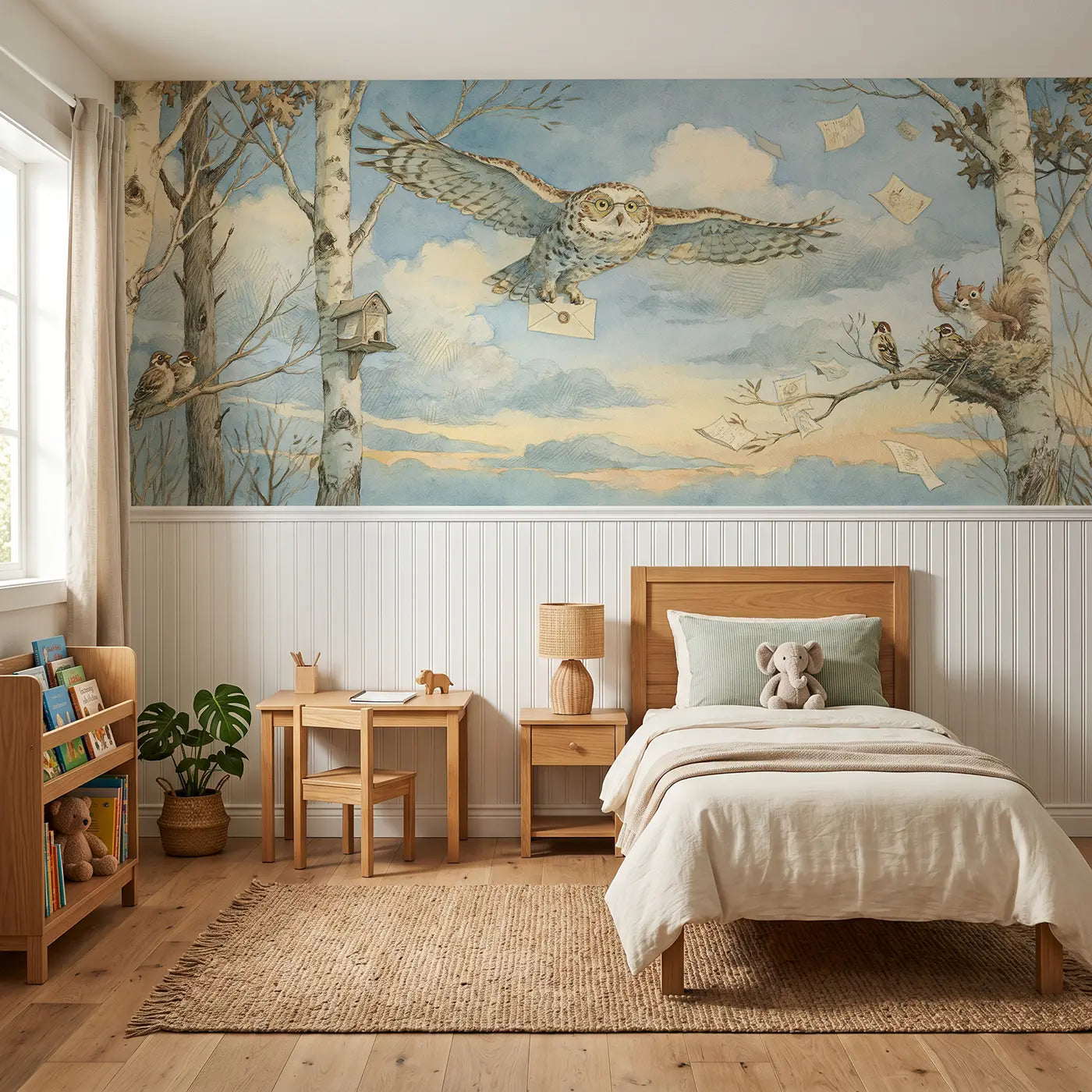 Storybook owl postman whimsical treeline wainscoting wallpaper for bedroom by Whimsy Tots