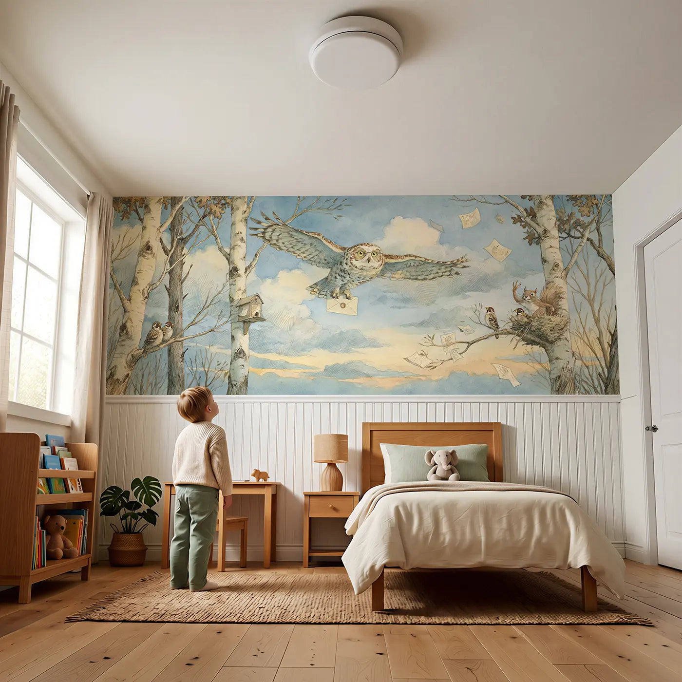 Child reading near Owl Postman Whimsical Treeline Wainscoting Wallpaper by Whimsy Tots
