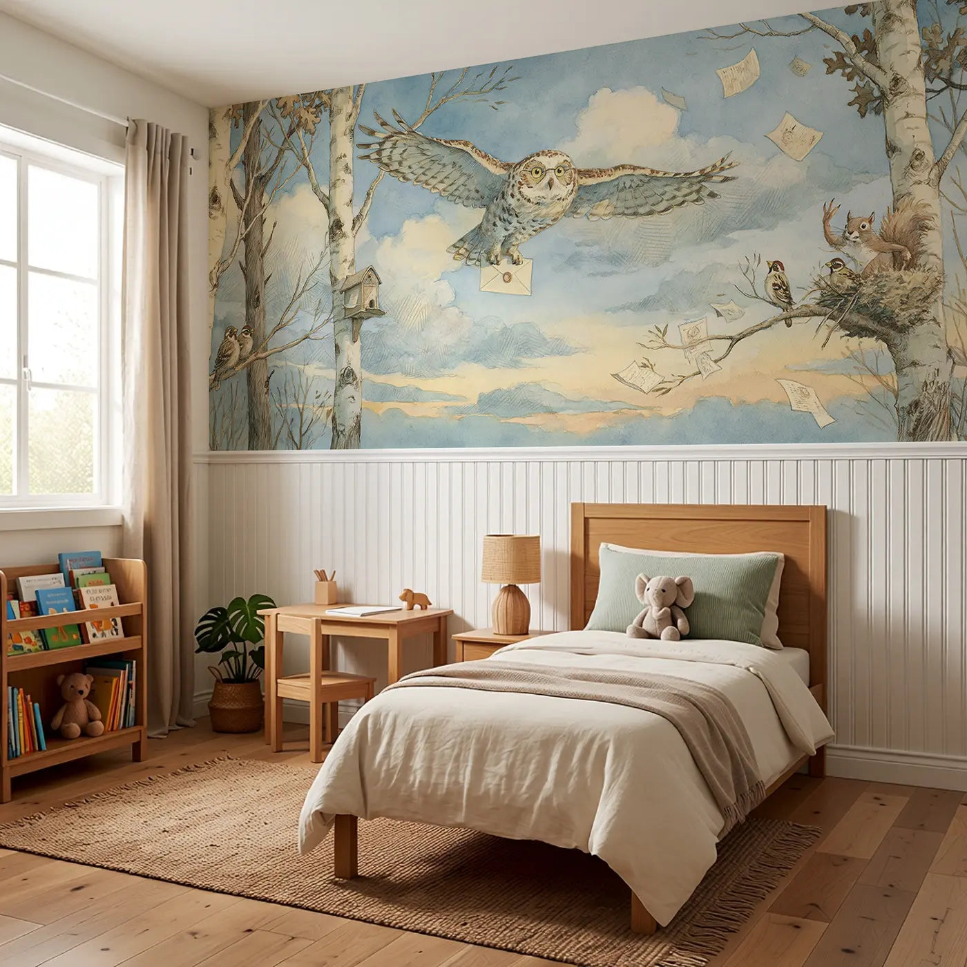 Owl Postman Whimsical Treeline Wainscoting Wallpaper styled in a kids bedroom by Whimsy Tots