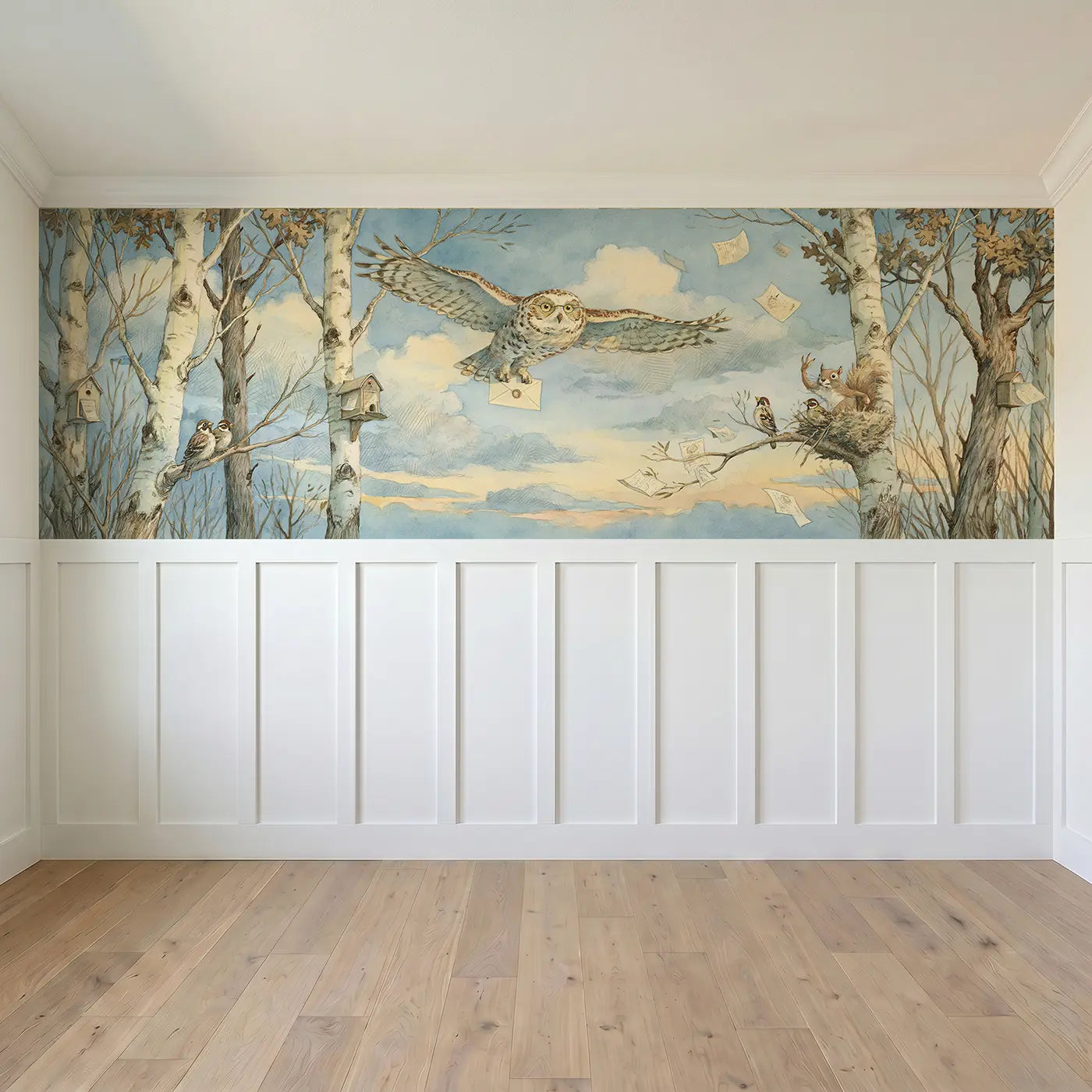 Full panel view of Owl Postman Whimsical Treeline Wainscoting Wallpaper by Whimsy Tots