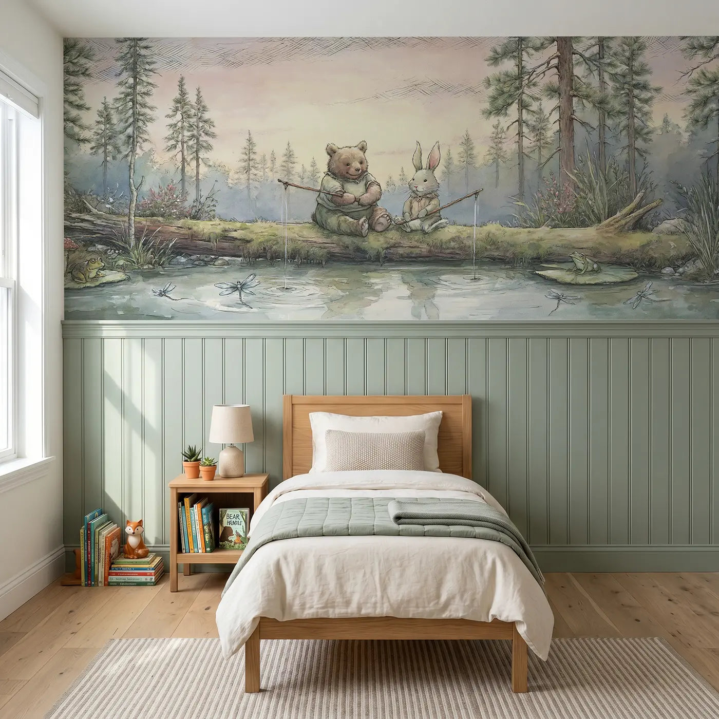 Storybook bear and rabbit fishing wainscoting wallpaper for bedroom by Whimsy Tots