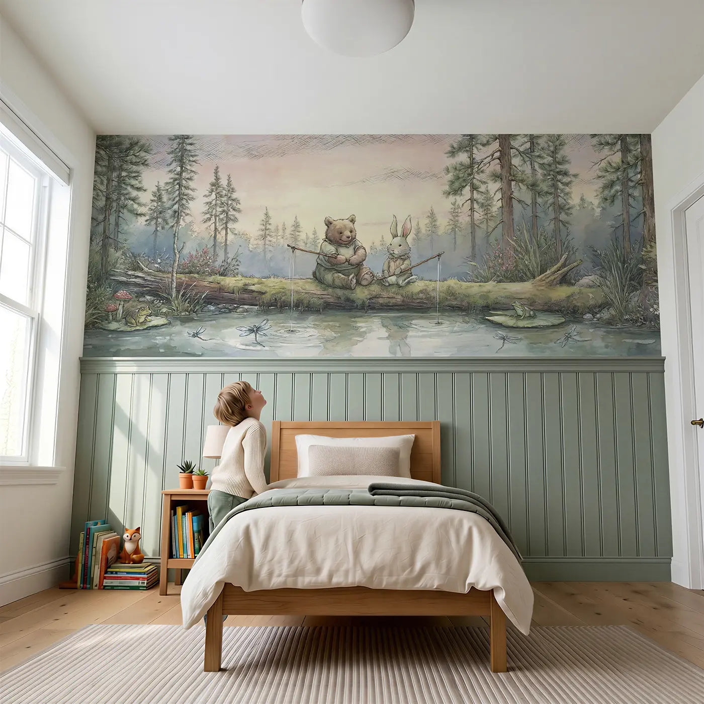 Child reading near Bear and Rabbit Fishing Wainscoting Wallpaper by Whimsy Tots