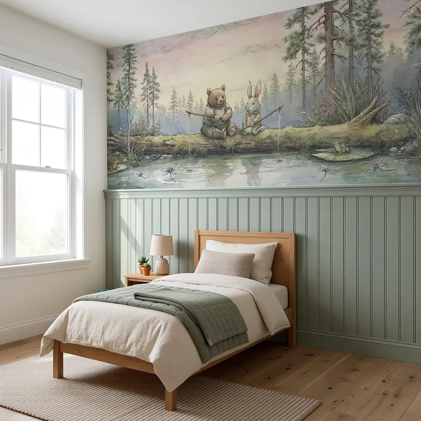 Bear and Rabbit Fishing Wainscoting Wallpaper styled in a kids bedroom by Whimsy Tots
