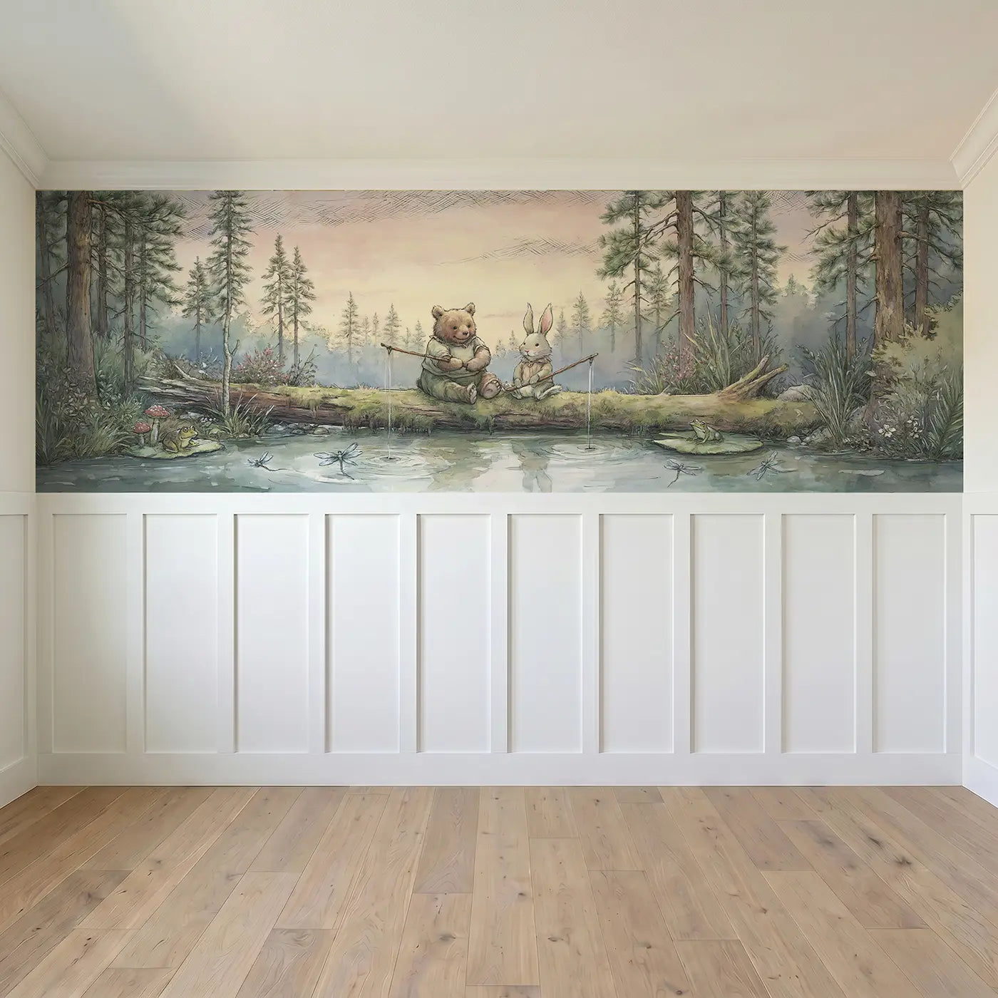Full panel view of Bear and Rabbit Fishing Wainscoting Wallpaper by Whimsy Tots