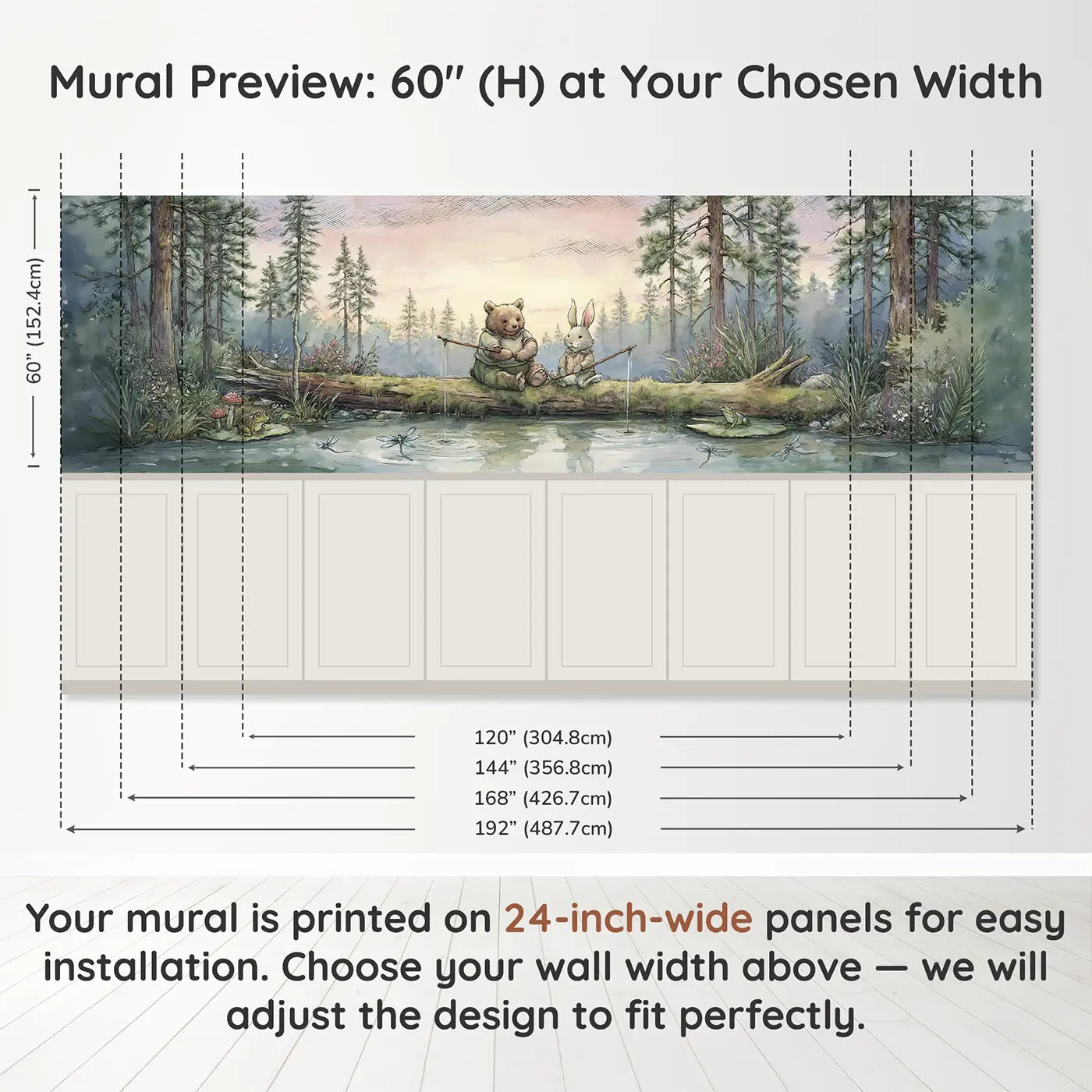 Panel dimensions for Bear and Rabbit Fishing Wainscoting Wallpaper by Whimsy Tots