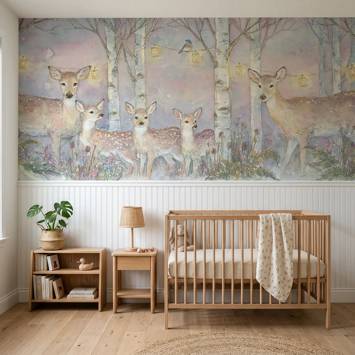 Storybook enchanted birch grove deer wainscoting wallpaper for nursery by Whimsy Tots