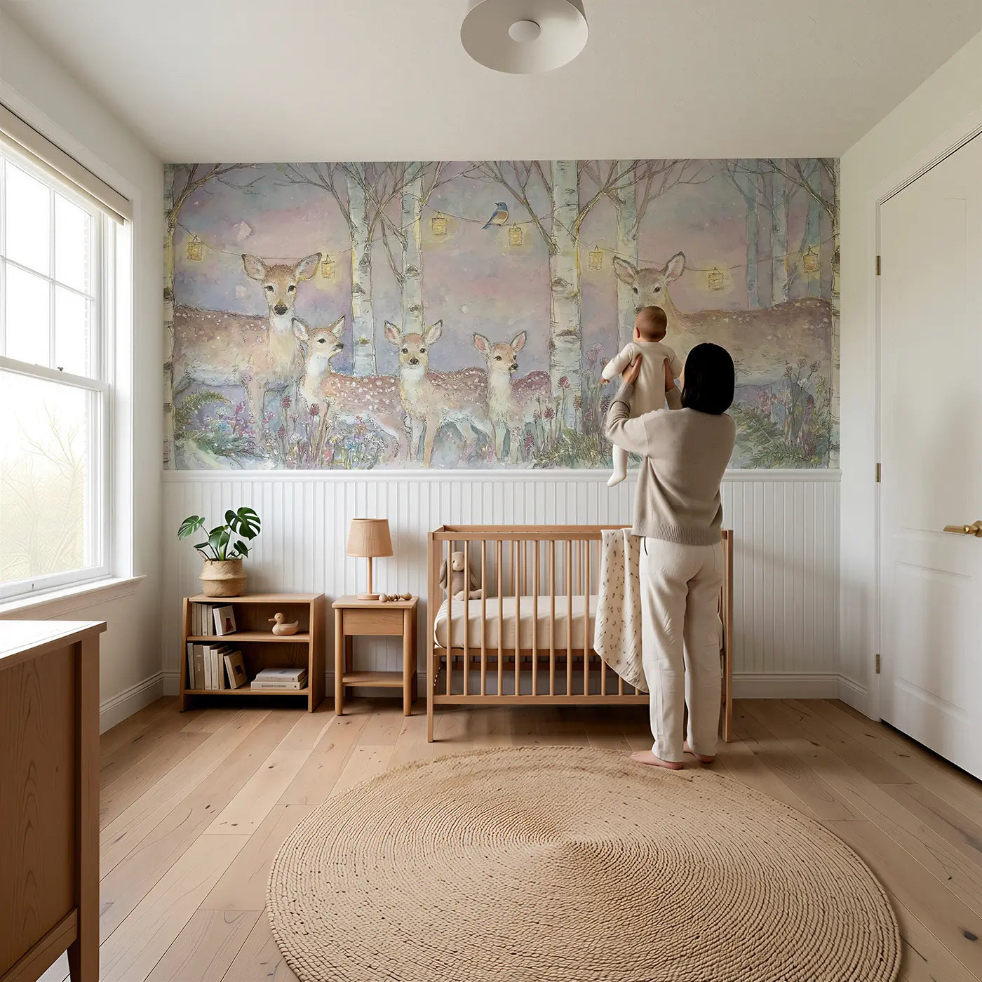 Child reading near Enchanted Birch Grove Deer Wainscoting Wallpaper by Whimsy Tots