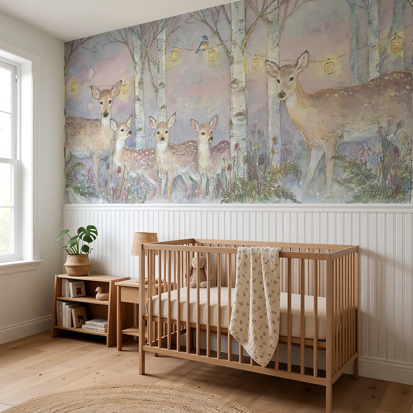 Enchanted Birch Grove Deer Wainscoting Wallpaper styled in a kids bedroom by Whimsy Tots
