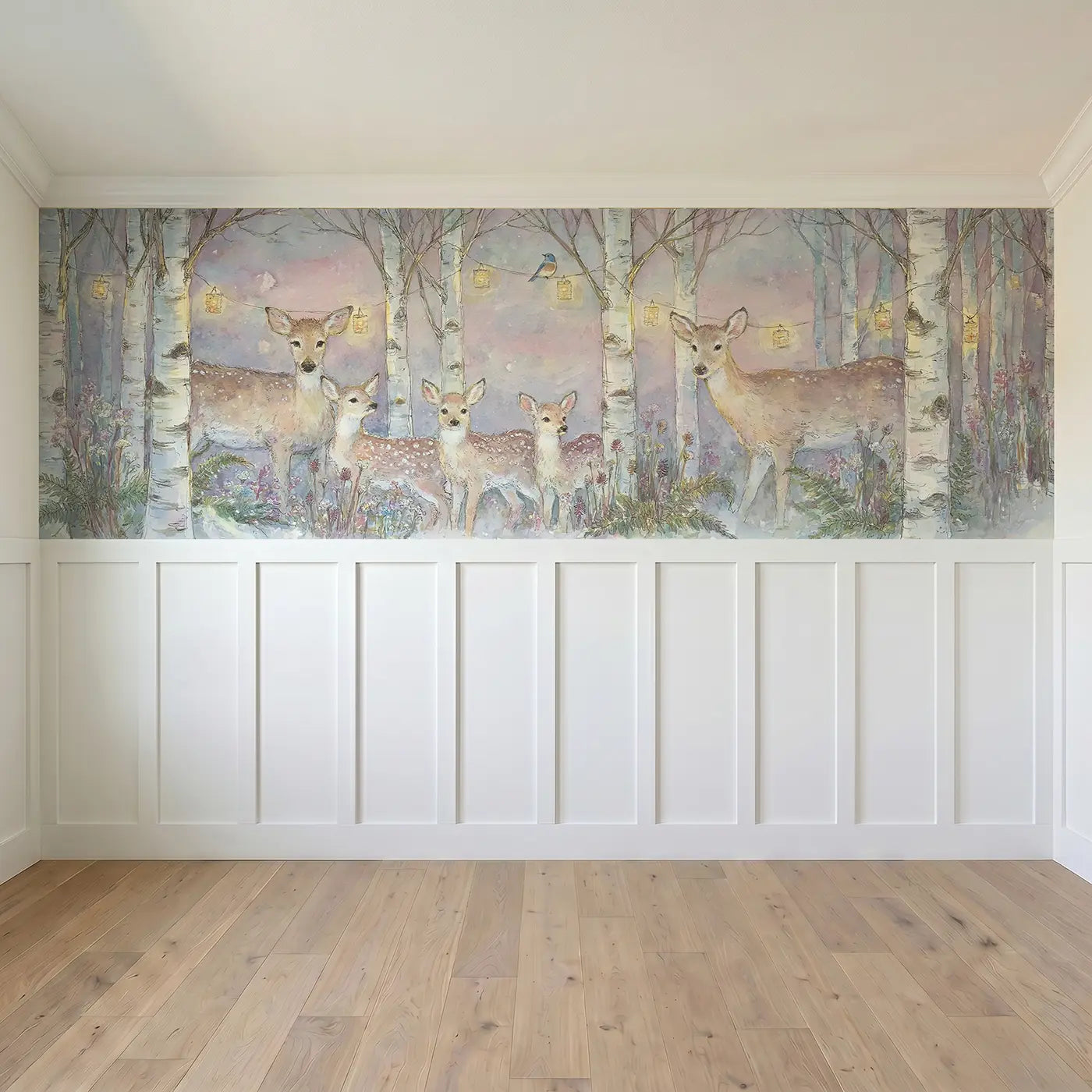 Full panel view of Enchanted Birch Grove Deer Wainscoting Wallpaper by Whimsy Tots