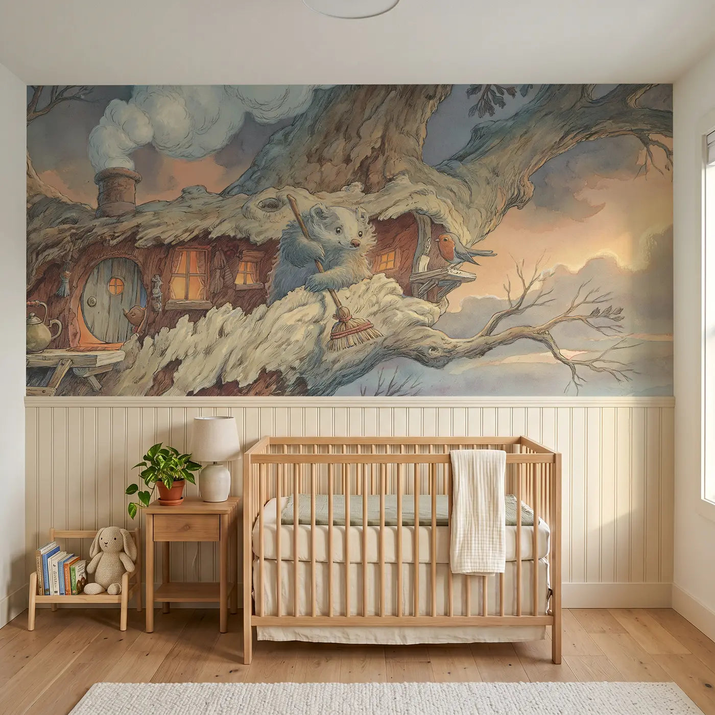 Storybook badger cozy tree home wainscoting wallpaper for nursery by Whimsy Tots