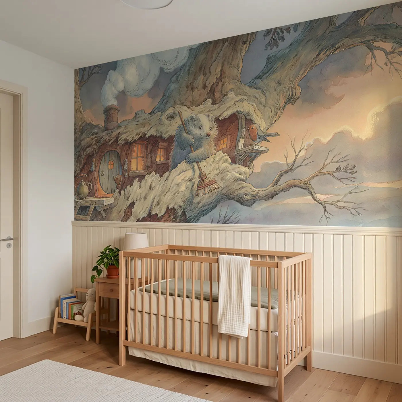 Badger Cozy Tree Home Wainscoting Wallpaper styled in a kids bedroom by Whimsy Tots