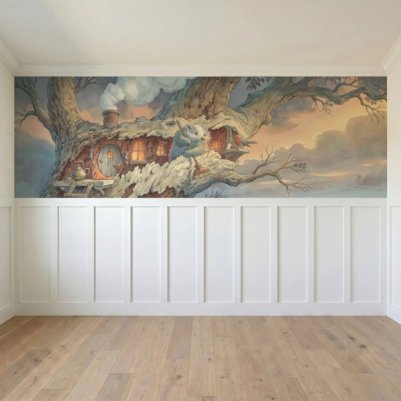 Full panel view of Badger Cozy Tree Home Wainscoting Wallpaper by Whimsy Tots