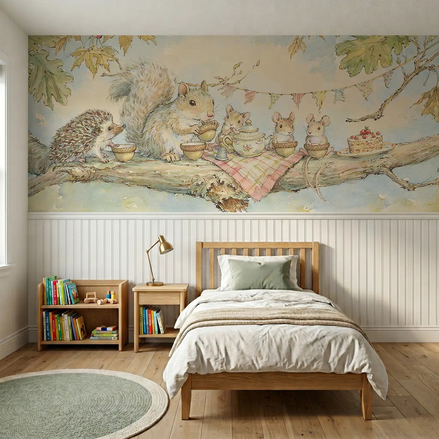 Storybook woodland branch tea party wainscoting wallpaper for bedroom by Whimsy Tots