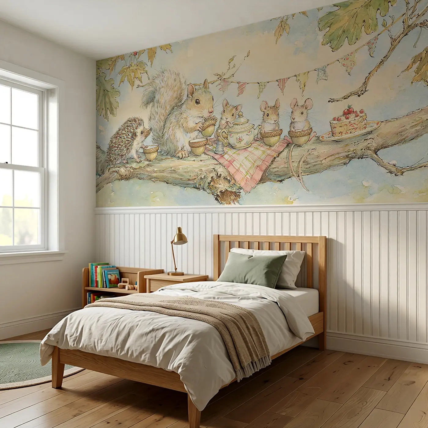 Woodland Branch Tea Party Wainscoting Wallpaper styled in a kids bedroom by Whimsy Tots