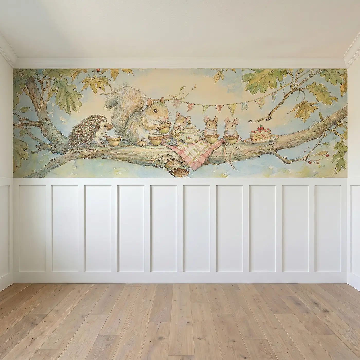 Full panel view of Woodland Branch Tea Party Wainscoting Wallpaper by Whimsy Tots