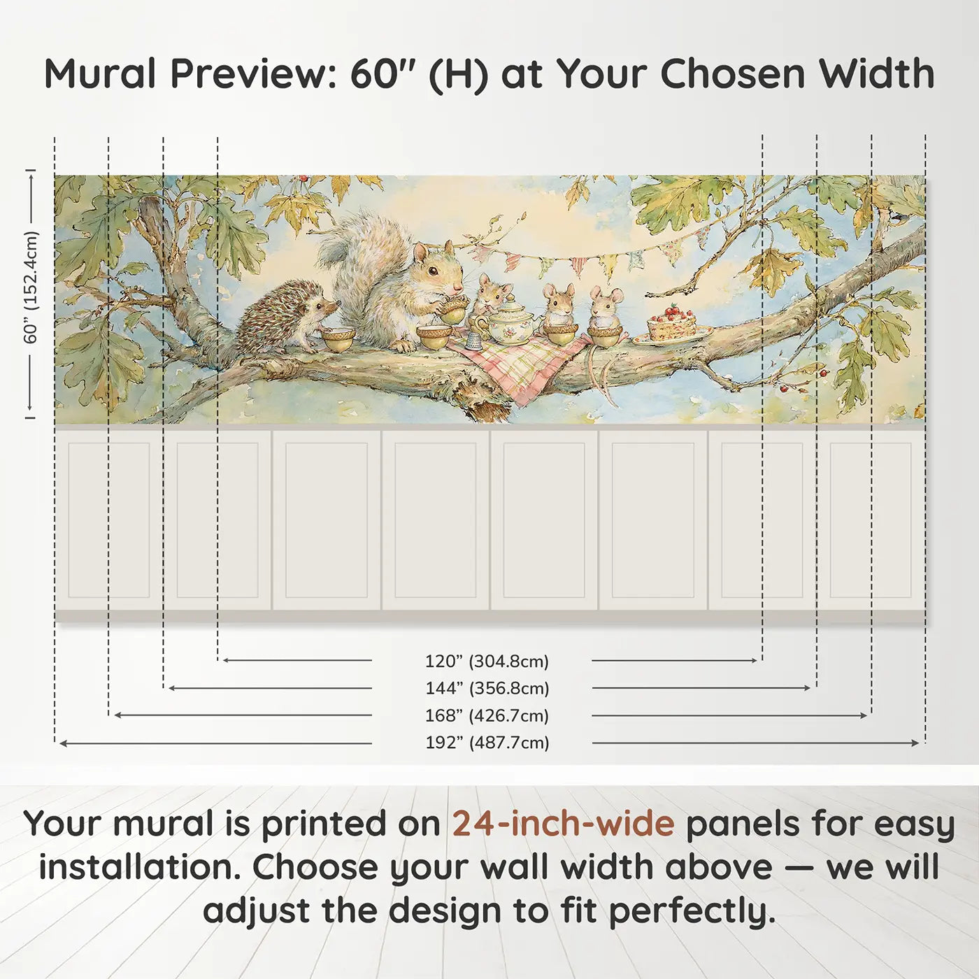 Panel dimensions for Woodland Branch Tea Party Wainscoting Wallpaper by Whimsy Tots