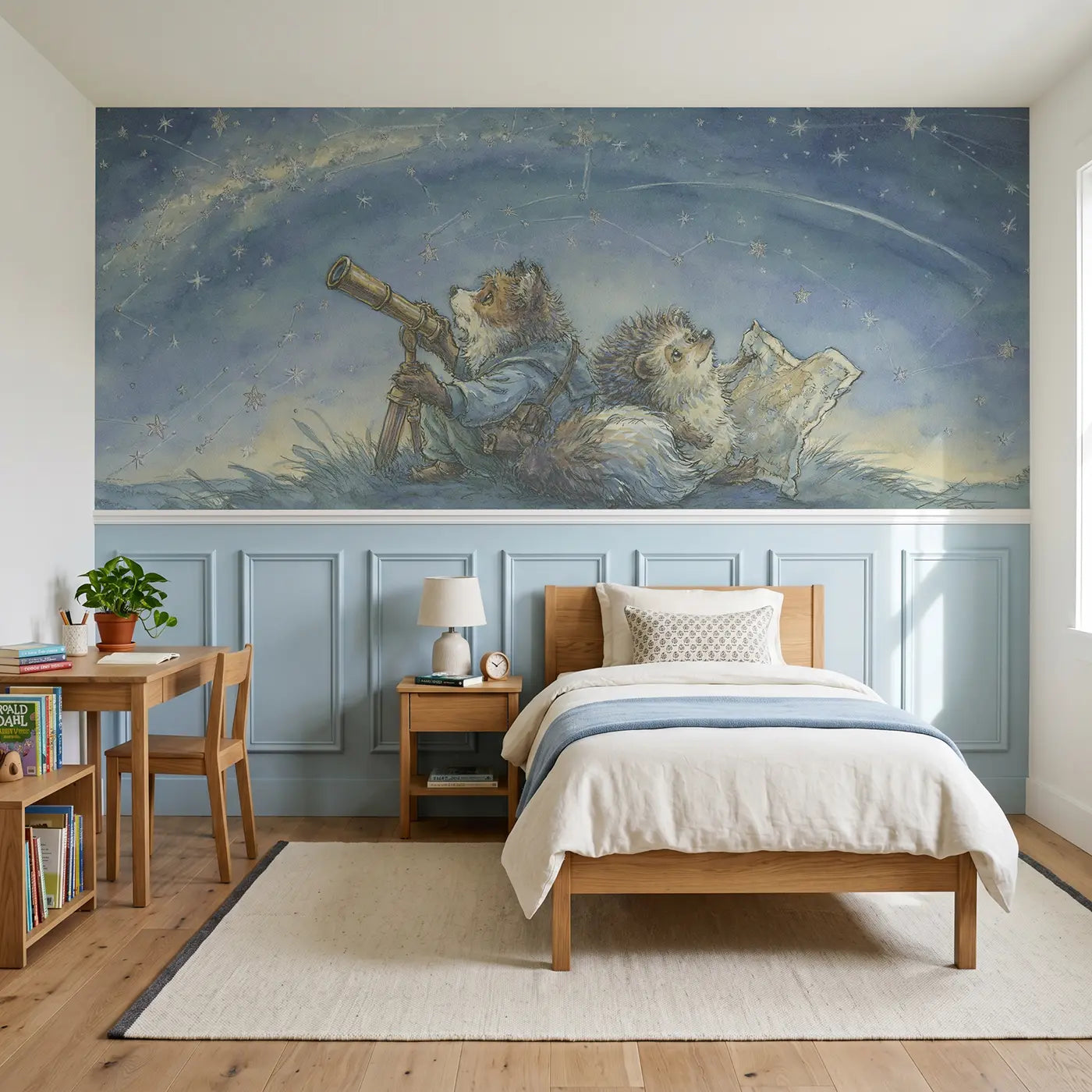 Storybook stargazing fox and hedgehog wainscoting wallpaper for bedroom by Whimsy Tots
