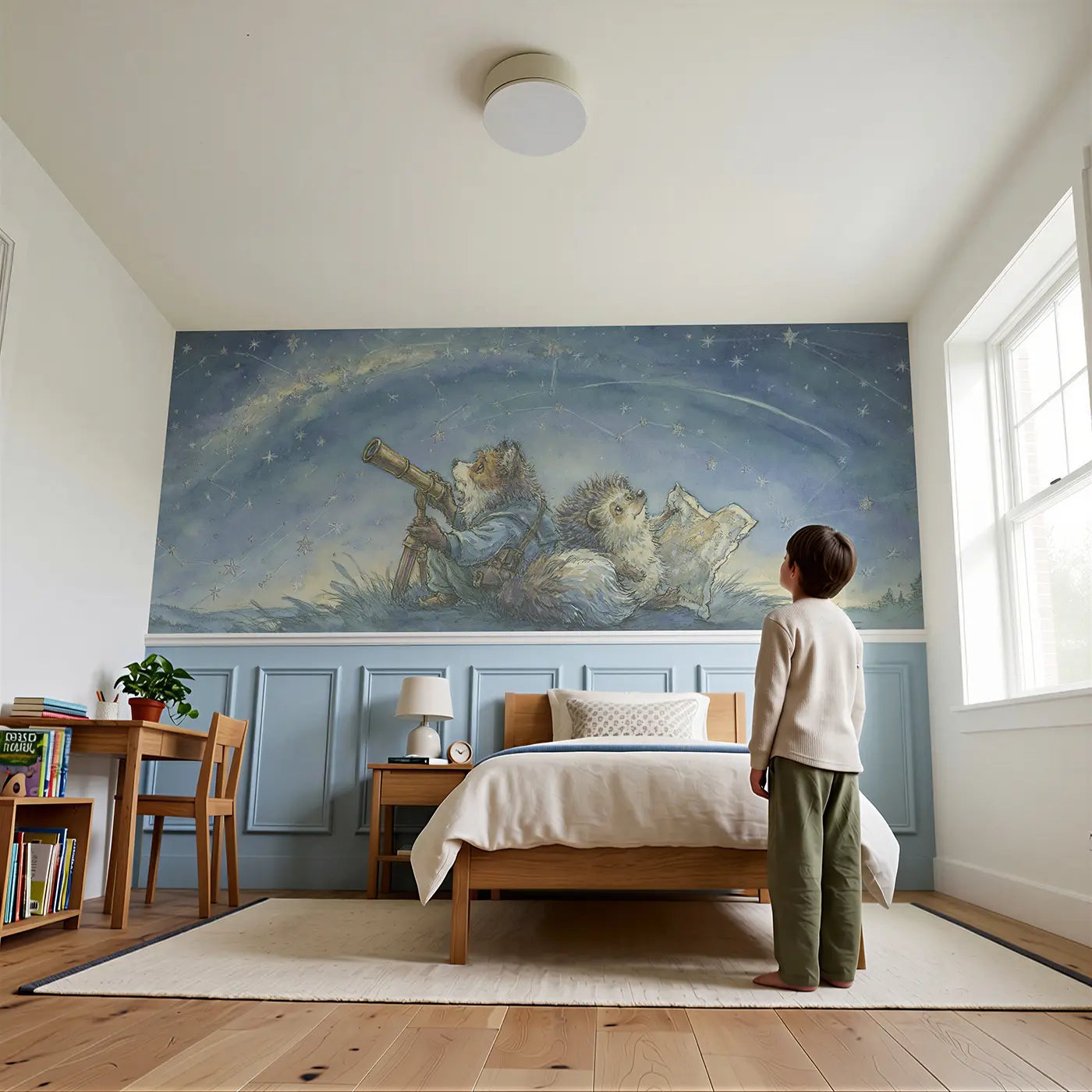 Child reading near Stargazing Fox and Hedgehog Wainscoting Wallpaper by Whimsy Tots
