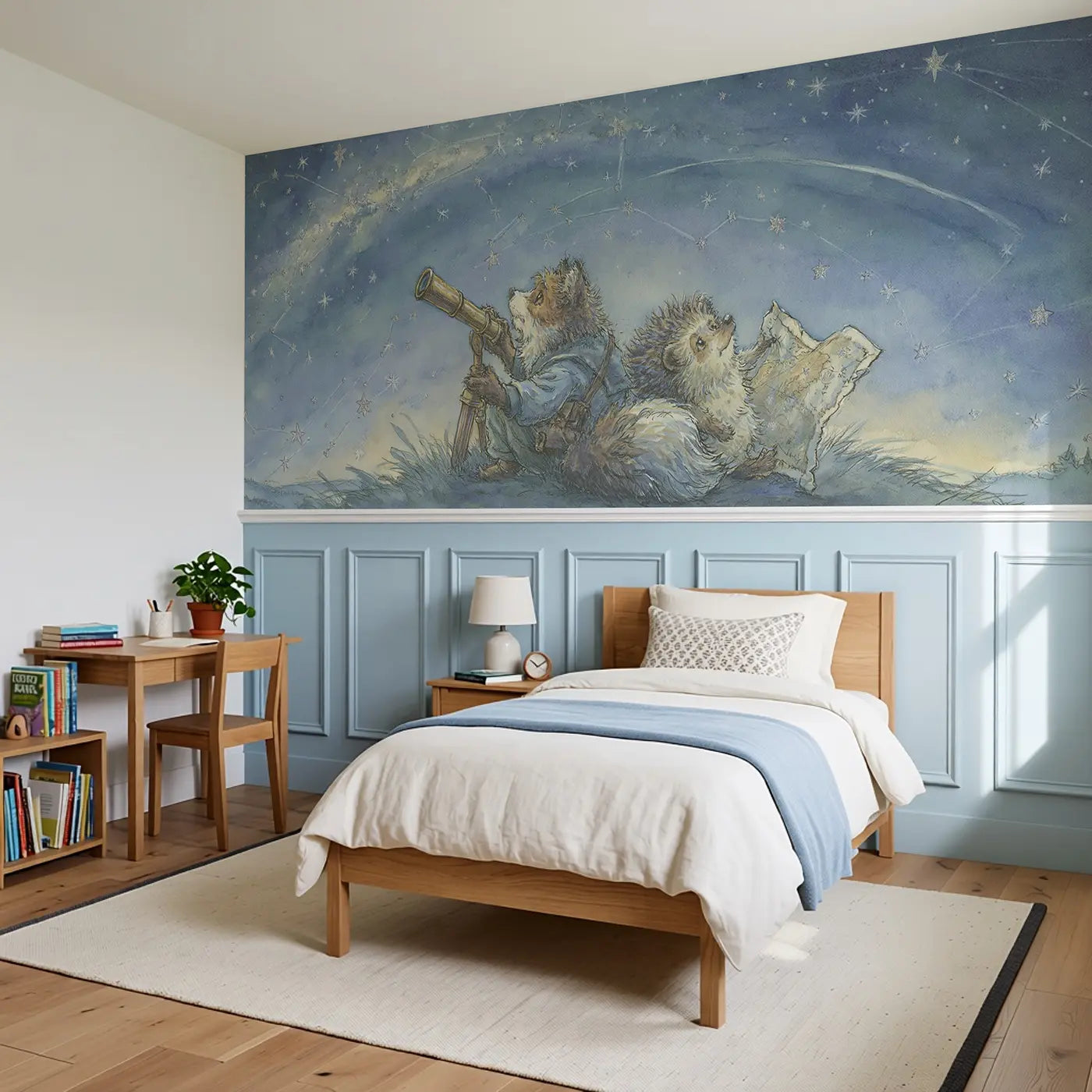 Stargazing Fox and Hedgehog Wainscoting Wallpaper styled in a kids bedroom by Whimsy Tots