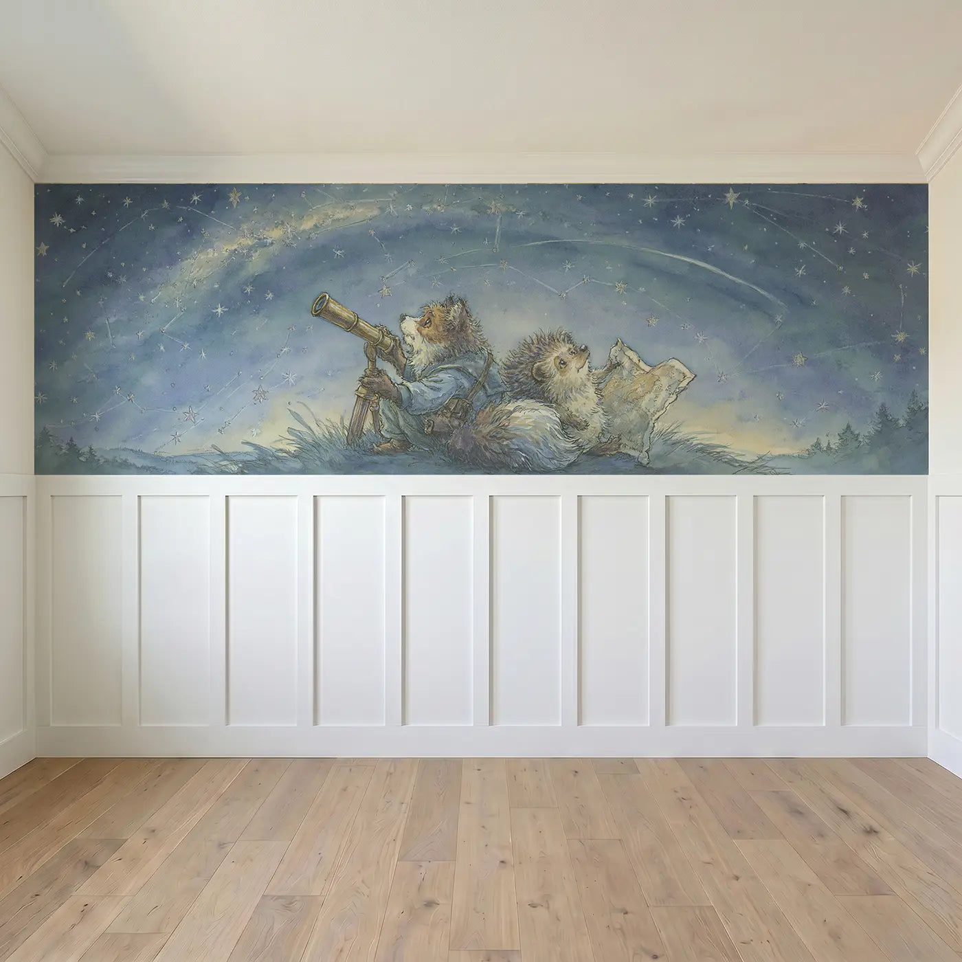 Full panel view of Stargazing Fox and Hedgehog Wainscoting Wallpaper by Whimsy Tots