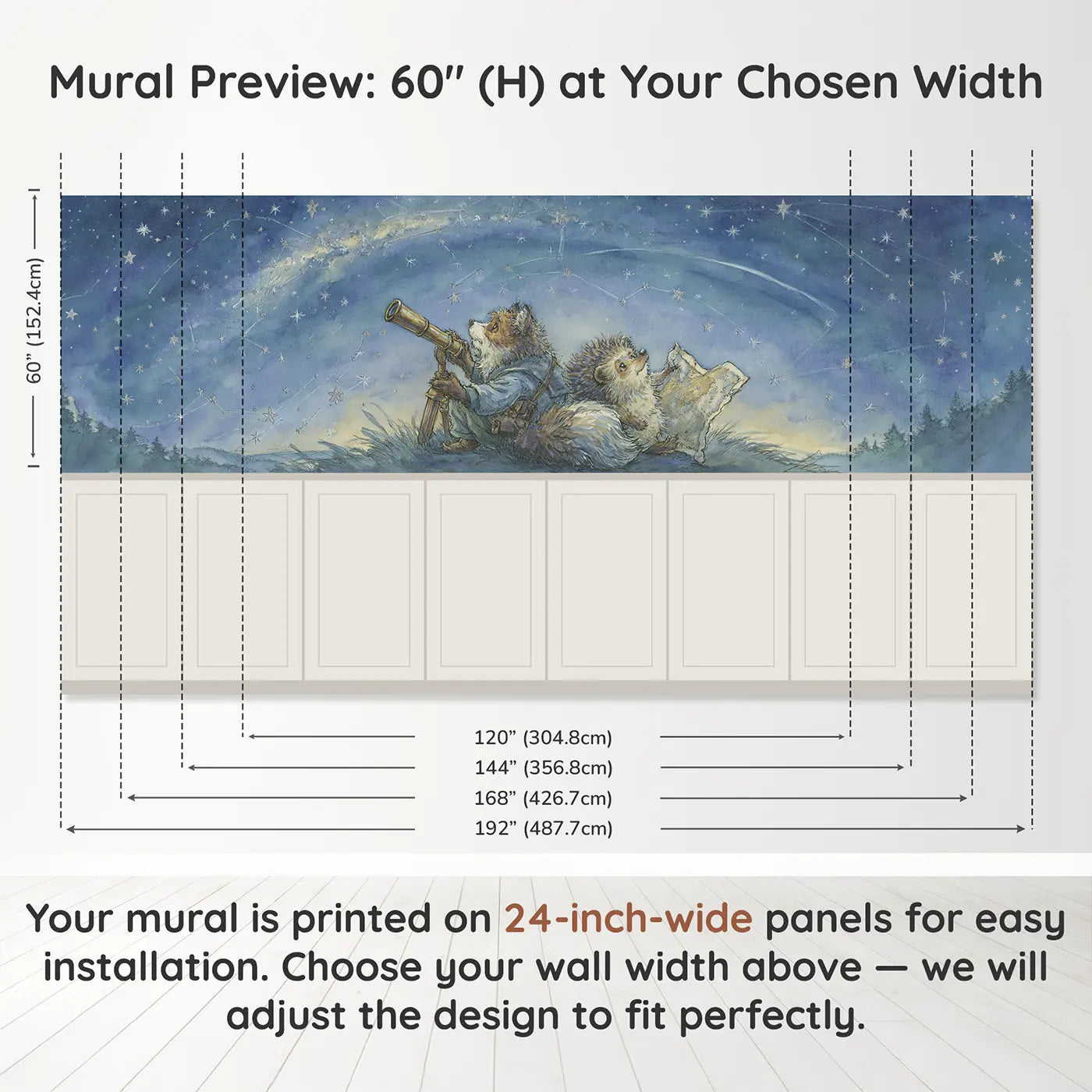 Panel dimensions for Stargazing Fox and Hedgehog Wainscoting Wallpaper by Whimsy Tots