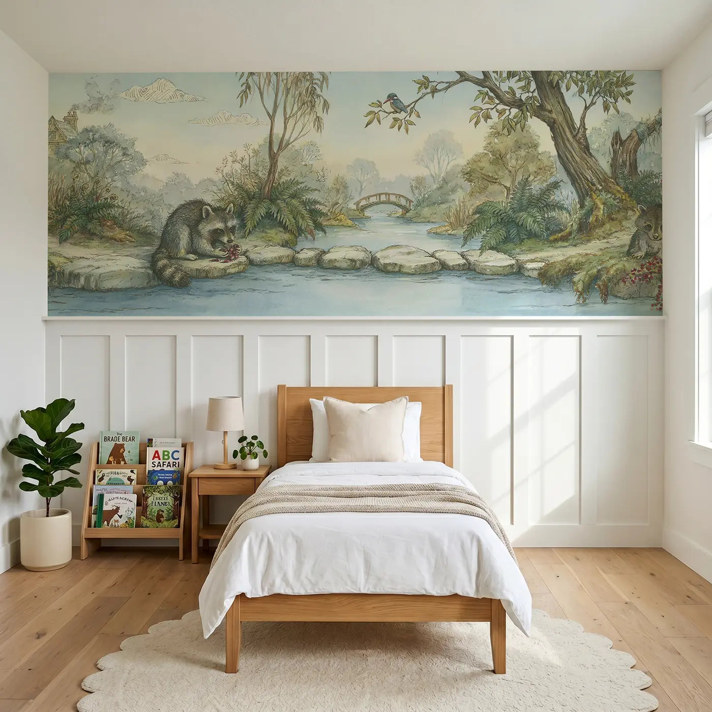Storybook raccoon berry stream wainscoting wallpaper for bedroom by Whimsy Tots