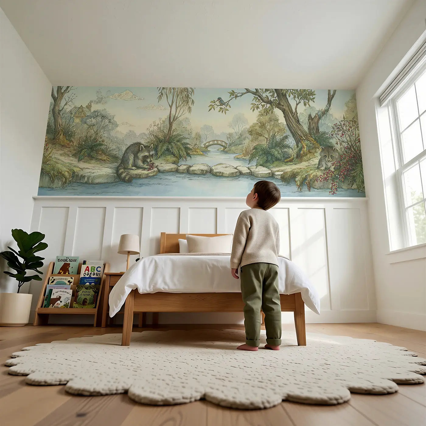 Child reading near Raccoon Berry Stream Wainscoting Wallpaper by Whimsy Tots