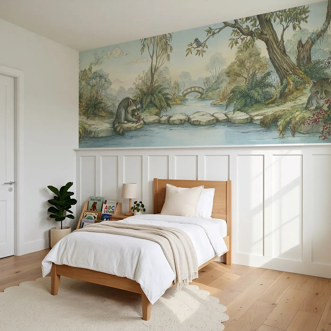Raccoon Berry Stream Wainscoting Wallpaper styled in a kids bedroom by Whimsy Tots