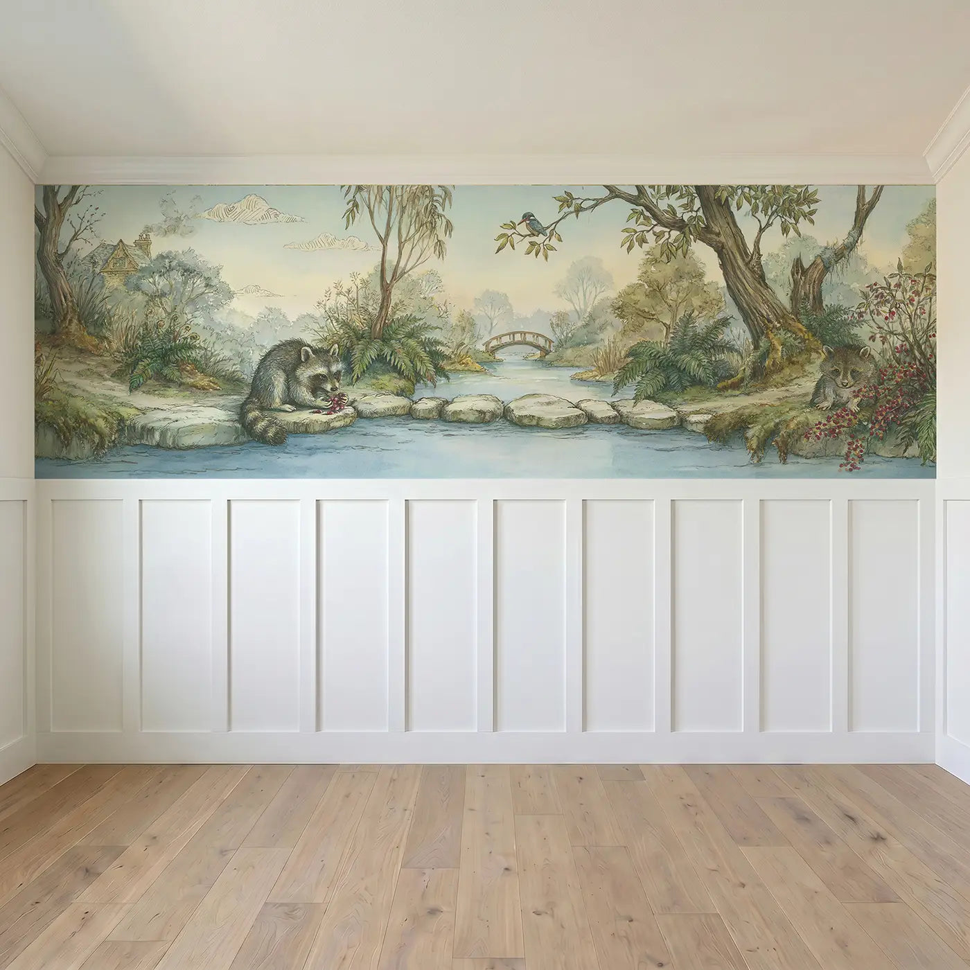 Full panel view of Raccoon Berry Stream Wainscoting Wallpaper by Whimsy Tots
