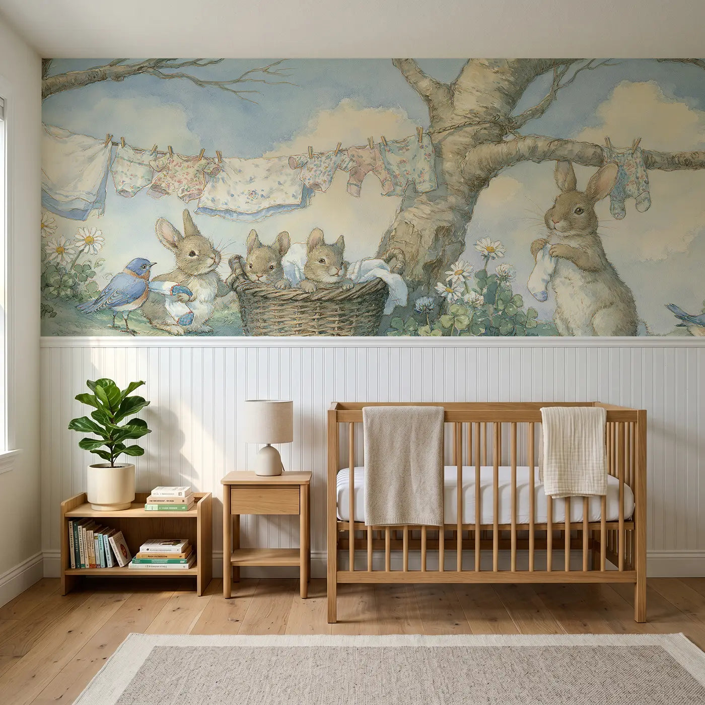 Storybook rabbit laundry morning forest wainscoting wallpaper for bedroom by Whimsy Tots